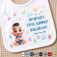 Gift For Mother, New Mom, Summer, Adorable, Vector - Baby First Beach Summer Vacation - Personalized Baby Bib