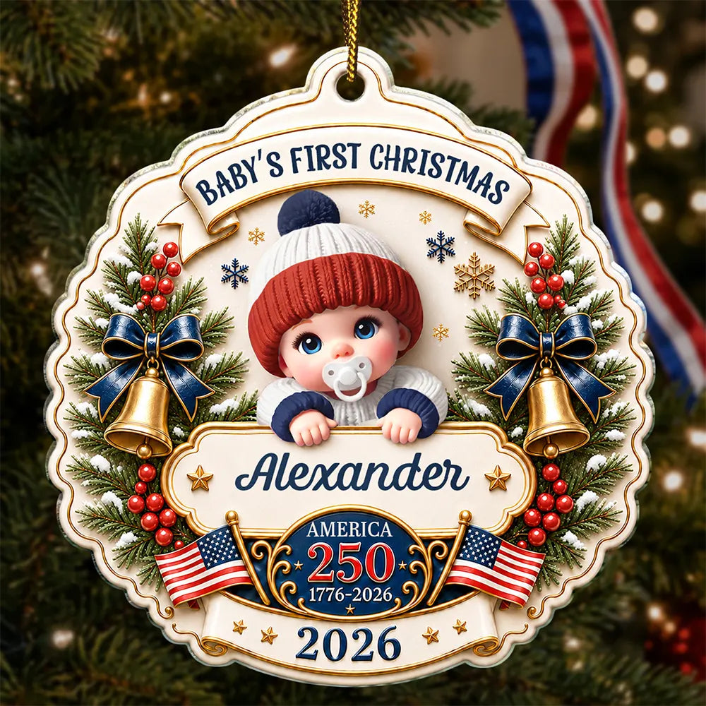 Top Market,Adorable,Independence Day,New Mom,America 250th,Christmas,Gift For Mother,Vector - Baby First Christmas America 250th Anniversary - Personalized Custom Shaped Acrylic Ornament