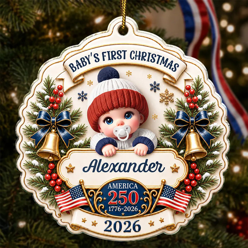 Top Market,Adorable,Independence Day,New Mom,America 250th,Christmas,Gift For Mother,Vector - Baby First Christmas America 250th Anniversary - Personalized Custom Shaped Acrylic Ornament