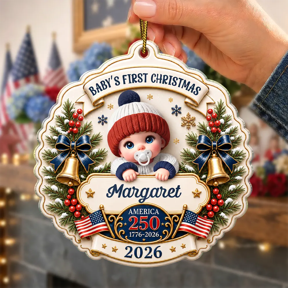 Top Market,Adorable,Independence Day,New Mom,America 250th,Christmas,Gift For Mother,Vector - Baby First Christmas America 250th Anniversary - Personalized Custom Shaped Acrylic Ornament