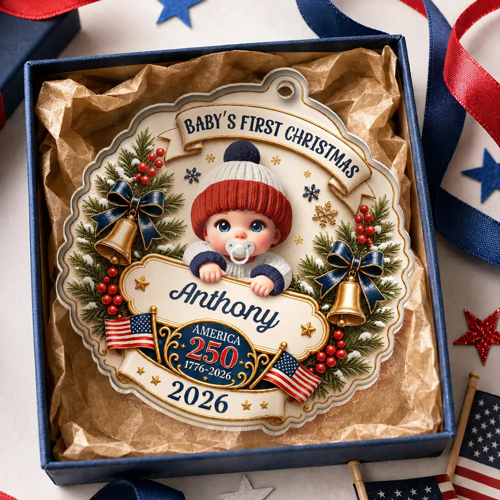 Top Market,Adorable,Independence Day,New Mom,America 250th,Christmas,Gift For Mother,Vector - Baby First Christmas America 250th Anniversary - Personalized Custom Shaped Acrylic Ornament