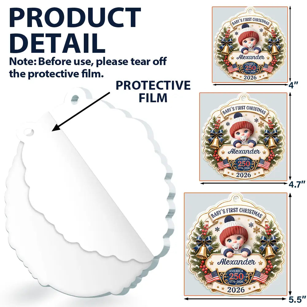 Top Market,Adorable,Independence Day,New Mom,America 250th,Christmas,Gift For Mother,Vector - Baby First Christmas America 250th Anniversary - Personalized Custom Shaped Acrylic Ornament