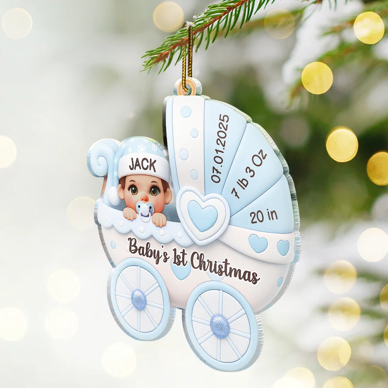 Christmas,New baby,New Dad,New Mom,Happy - Baby First Christmas Baby Carriage 3D Effect - Personalized Custom Shaped Acrylic Ornament