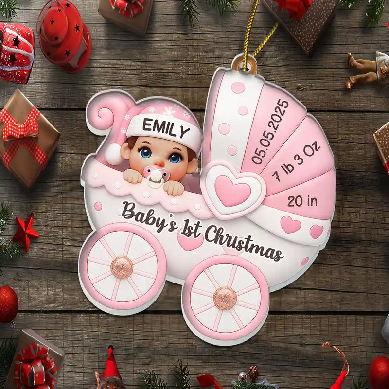 Christmas,New baby,New Dad,New Mom,Happy - Baby First Christmas Baby Carriage 3D Effect - Personalized Custom Shaped Acrylic Ornament
