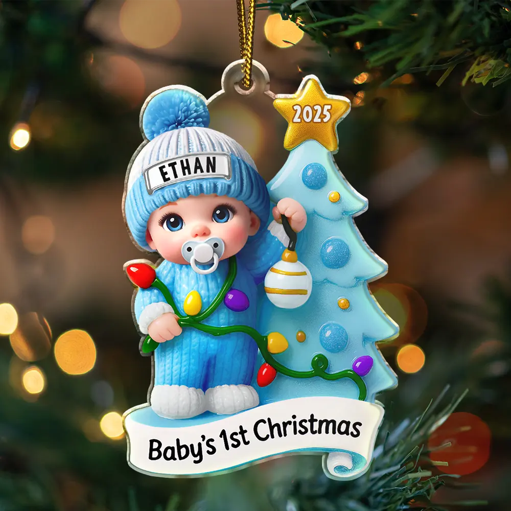 Christmas, New Mom, New baby, New Dad, Family, Happy - Baby First Christmas Keepsakes For Newborn 3D Effect - Personalized Custom Shaped Acrylic Ornament