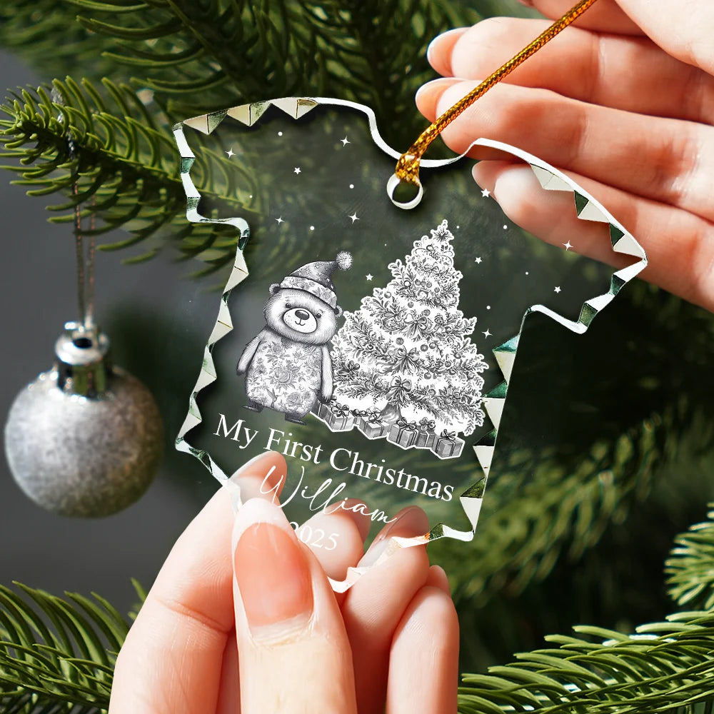 Christmas,New Dad,New baby,New Mom,Happy - Baby First Christmas Toile Pattern - Personalized Onesie Shaped Glass Ornament