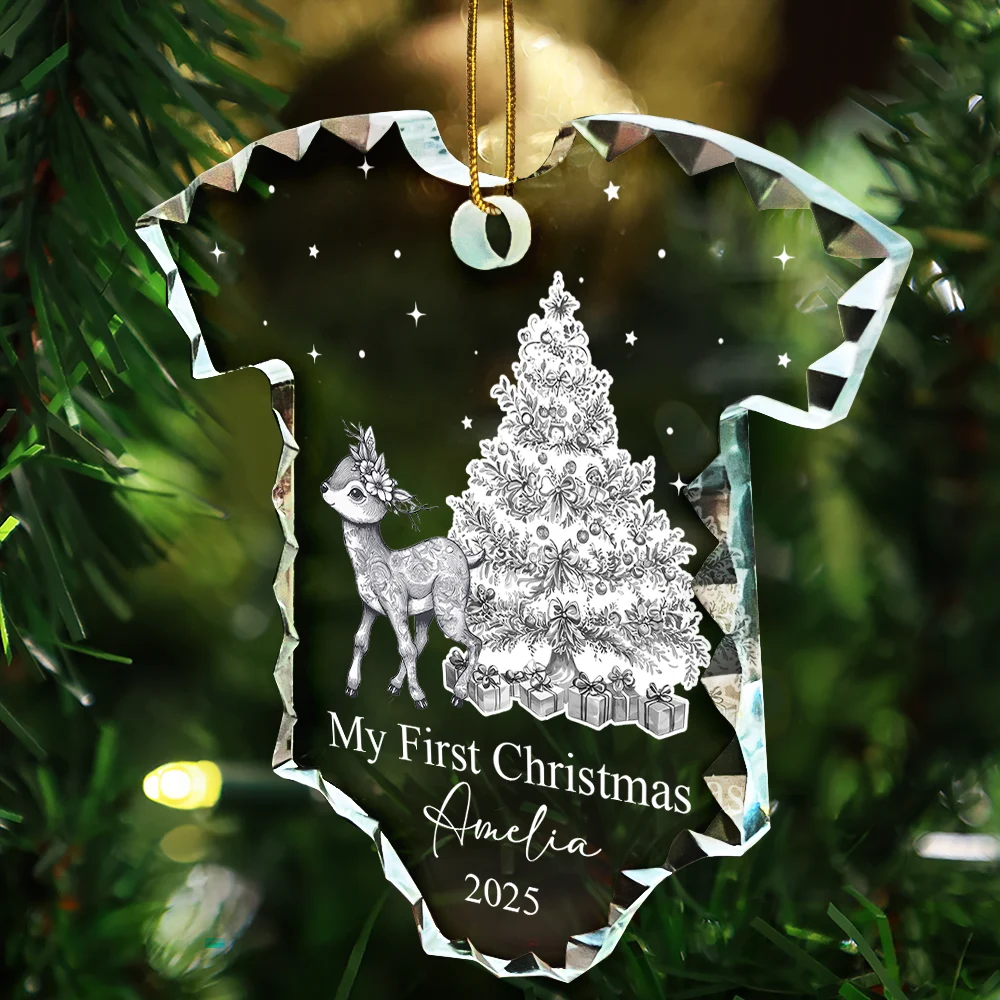 Christmas,New Dad,New baby,New Mom,Happy - Baby First Christmas Toile Pattern - Personalized Onesie Shaped Glass Ornament