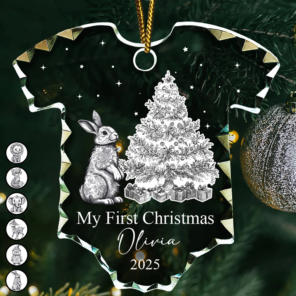 Baby First Christmas Toile Pattern - Personalized Onesie Shaped Glass Ornament