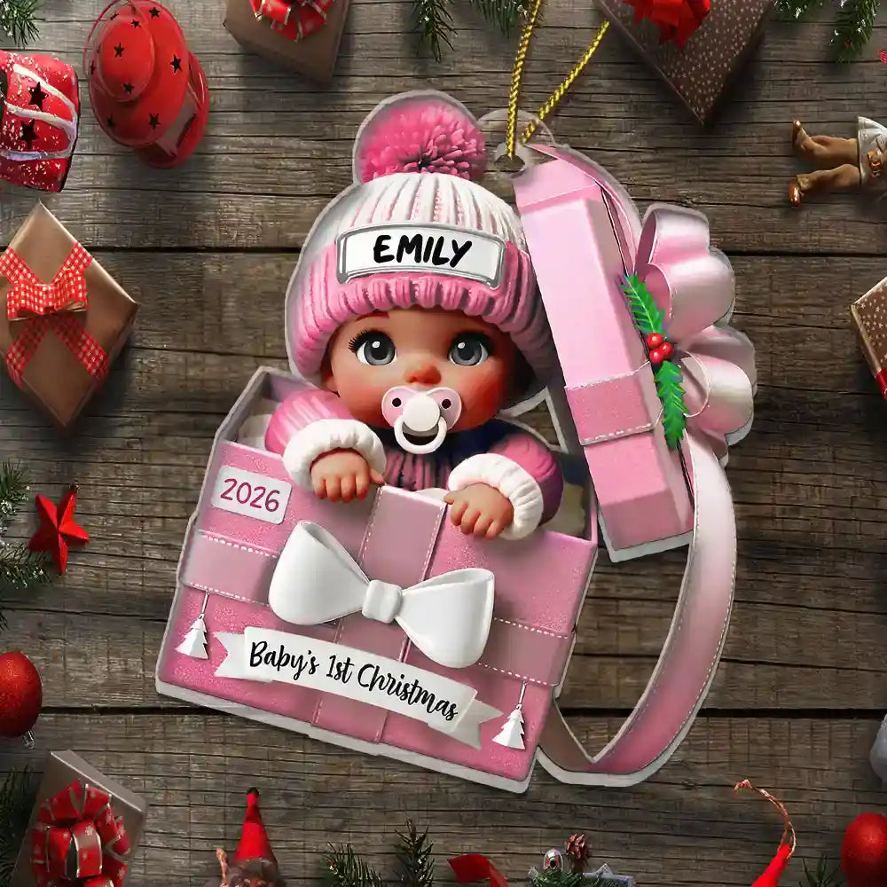 Baby First Christmas, Baby Reveals, Gift Box 3D Effect - Personalized Custom Shaped Acrylic Ornament