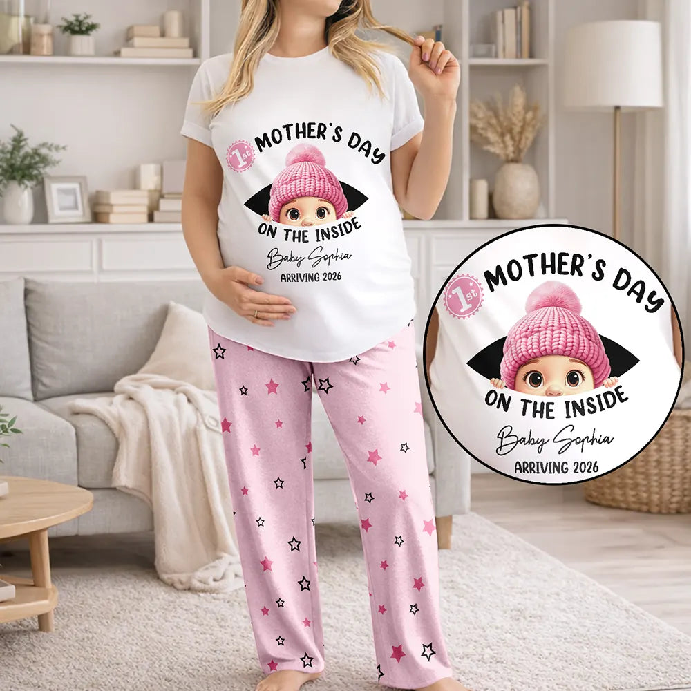 Pregnant Mom,Happy,Expecting Dad - Baby First Year On The Inside With Mom - Personalized Loungewear Set