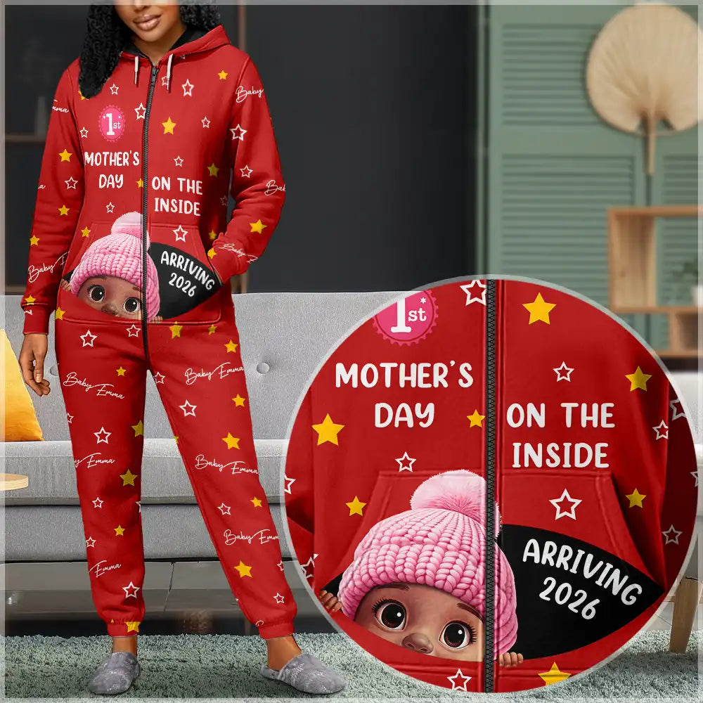 Pregnant Mom, Happy, Expecting Dad - Baby First Year On The Inside With Mom - Personalized Overall Onesie Hooded Jumpsuit