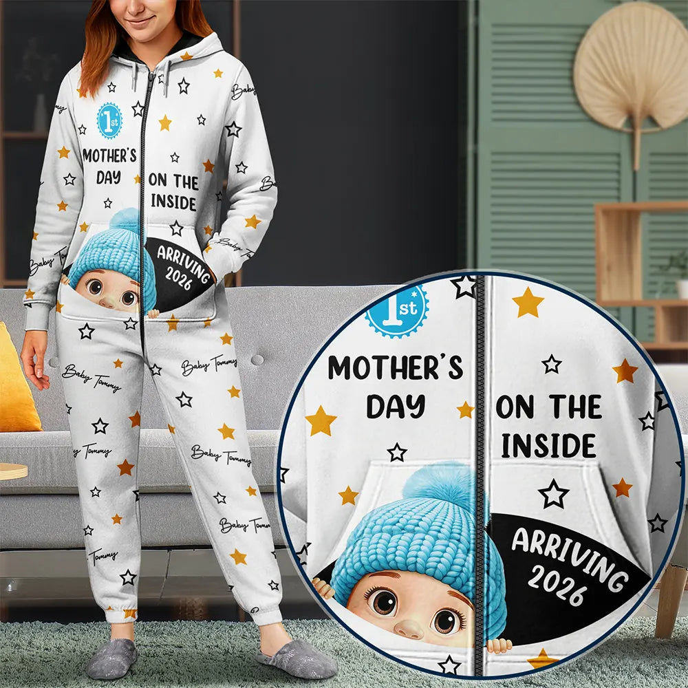 Baby First Year On The Inside With Mom - Personalized Overall Onesie Hooded Jumpsuit