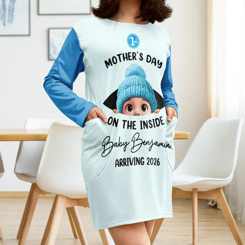 Pregnant Mom,Happy,Expecting Dad - Baby First Year On The Inside With Mom - Personalized Pocket Dress