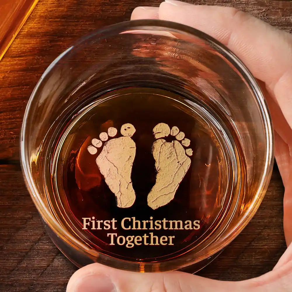 New Dad,New baby,Dad's Hobby,Gift For Father,Happy - Baby Footprints First Christmas Together - Personalized Engraved Whiskey Glass