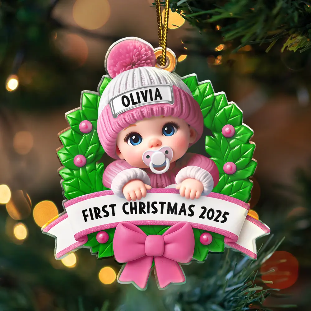 Christmas,New Dad,New baby,New Mom,Family,Happy - Baby In Christmas Wreath First Christmas - Personalized Custom Shaped Acrylic Ornament