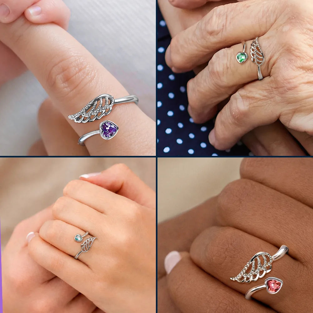 Memorial, New baby, New Mom, Sad - Baby Loss Mom Of An Angel - Personalized Wing And Heart Birthstone Ring