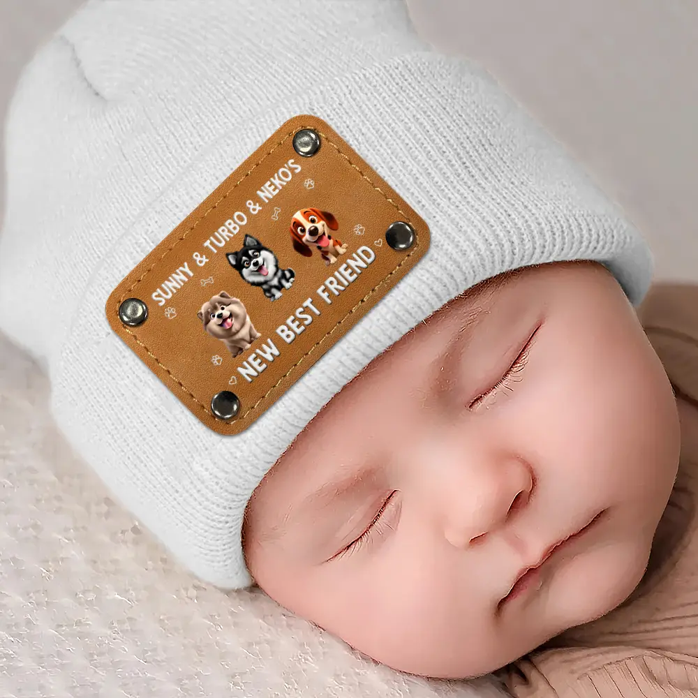 Dog Lovers,Dog Mom,Dog Dad,Dog Couple,Gift For Women,Gift For Men,New baby,Happy - Baby New Best Friend 3D Effect Funny Dog - Personalized Beanie With Leather Patch