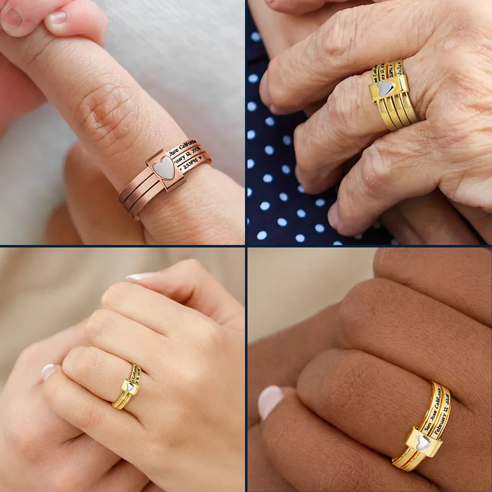New Mom,New baby,New Dad,Happy - Baby Newborn Information - Personalized Heart Stacking Rings