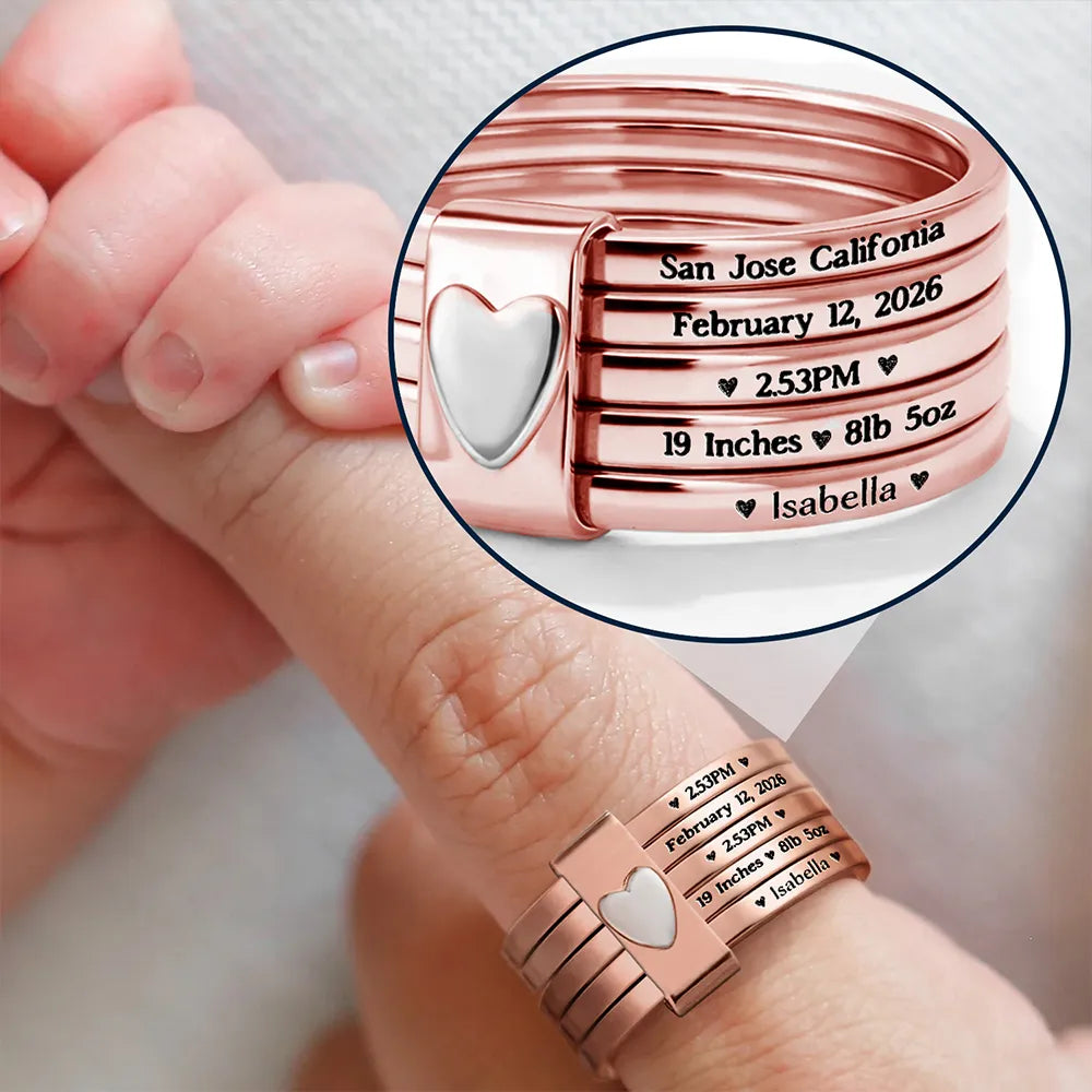 New Mom,New baby,New Dad,Happy - Baby Newborn Information - Personalized Heart Stacking Rings