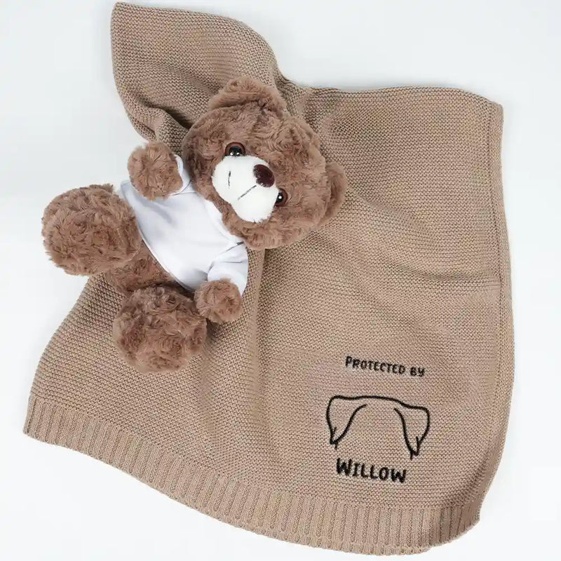 New baby,New Dad,New Mom,Gift For Kids,Happy,Pet Lovers - Baby Protected By Pet Dog Cat Ears Outline - Personalized Embroidered Knitted Baby Blanket