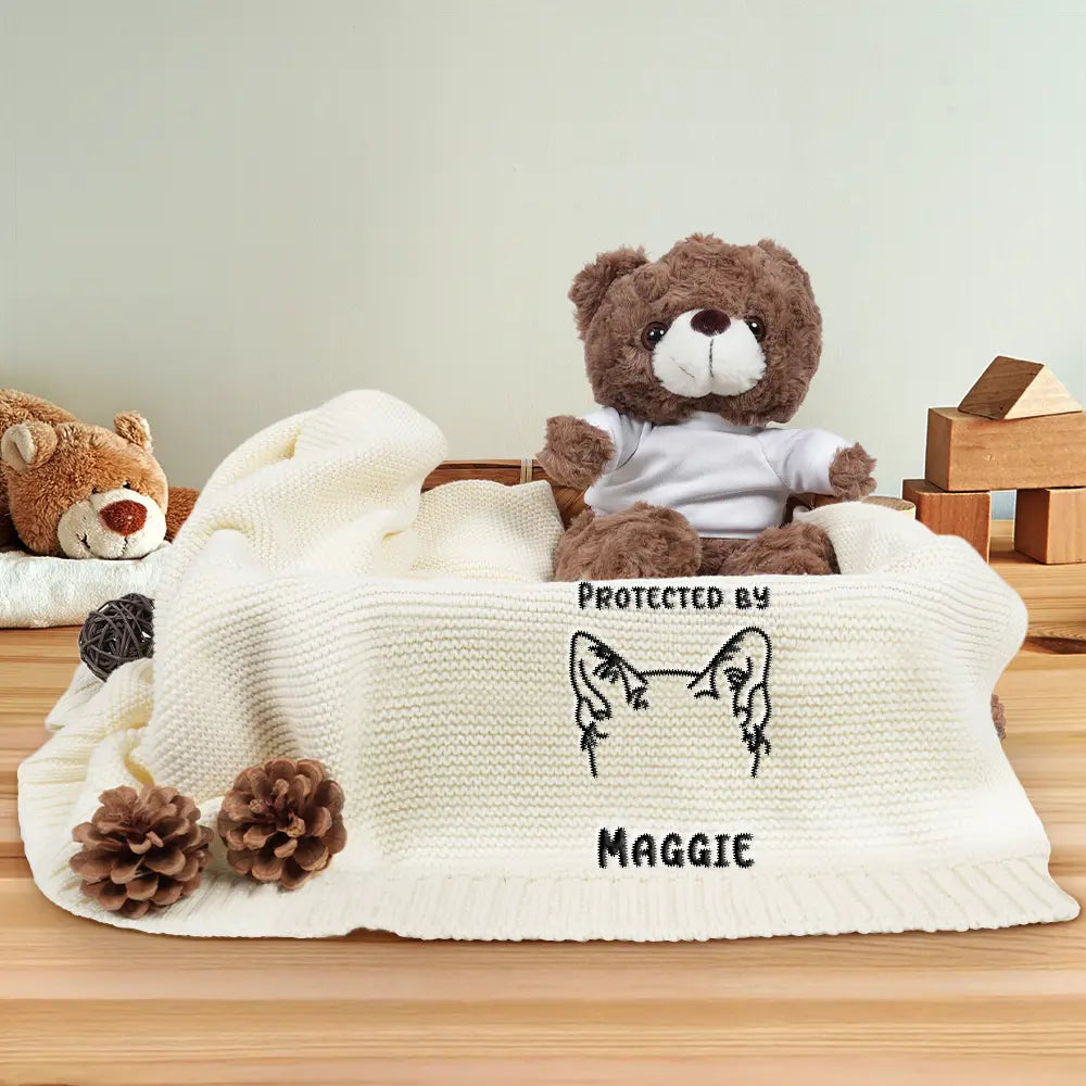 New baby,New Dad,New Mom,Gift For Kids,Happy,Pet Lovers - Baby Protected By Pet Dog Cat Ears Outline - Personalized Embroidered Knitted Baby Blanket