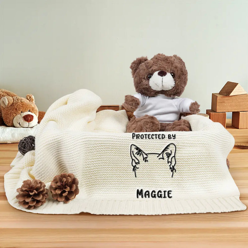 New baby,New Dad,New Mom,Gift For Kids,Happy,Pet Lovers - Baby Protected By Pet Dog Cat Ears Outline - Personalized Embroidered Knitted Baby Blanket
