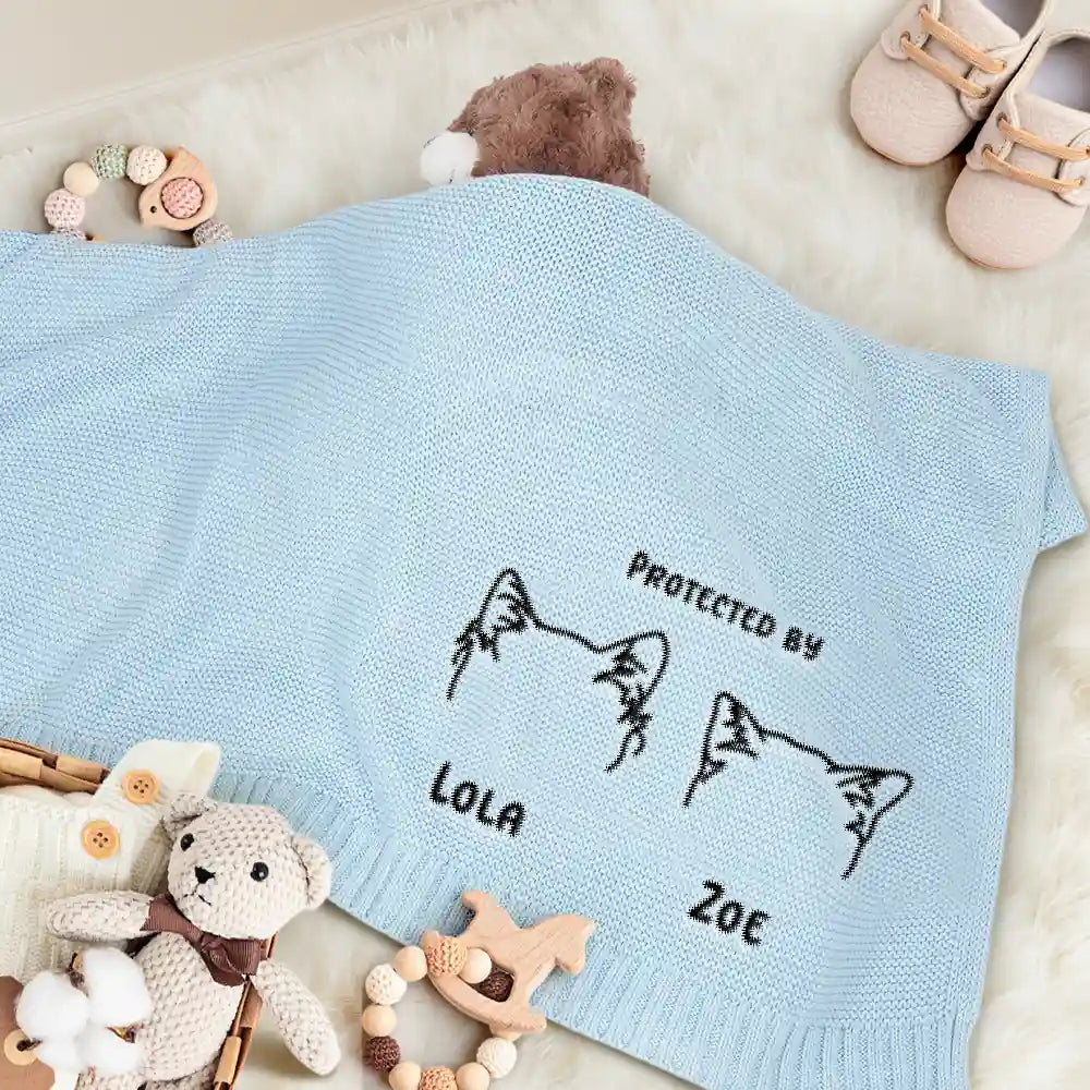 New baby,New Dad,New Mom,Gift For Kids,Happy,Pet Lovers - Baby Protected By Pet Dog Cat Ears Outline - Personalized Embroidered Knitted Baby Blanket