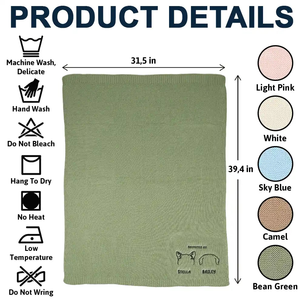 New baby,New Dad,New Mom,Gift For Kids,Happy,Pet Lovers - Baby Protected By Pet Dog Cat Ears Outline - Personalized Embroidered Knitted Baby Blanket