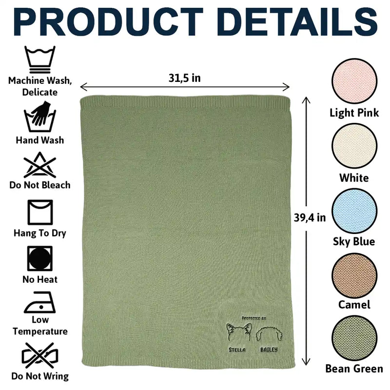 New baby,New Dad,New Mom,Gift For Kids,Happy,Pet Lovers - Baby Protected By Pet Dog Cat Ears Outline - Personalized Embroidered Knitted Baby Blanket