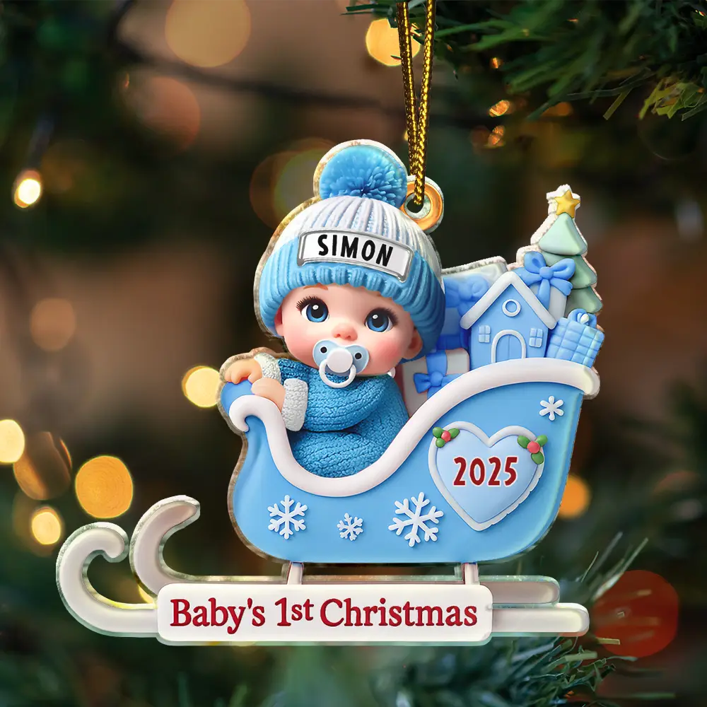 Christmas, New baby, Happy - Baby Santa In Sleigh First Christmas - Personalized Custom Shaped Acrylic Ornament