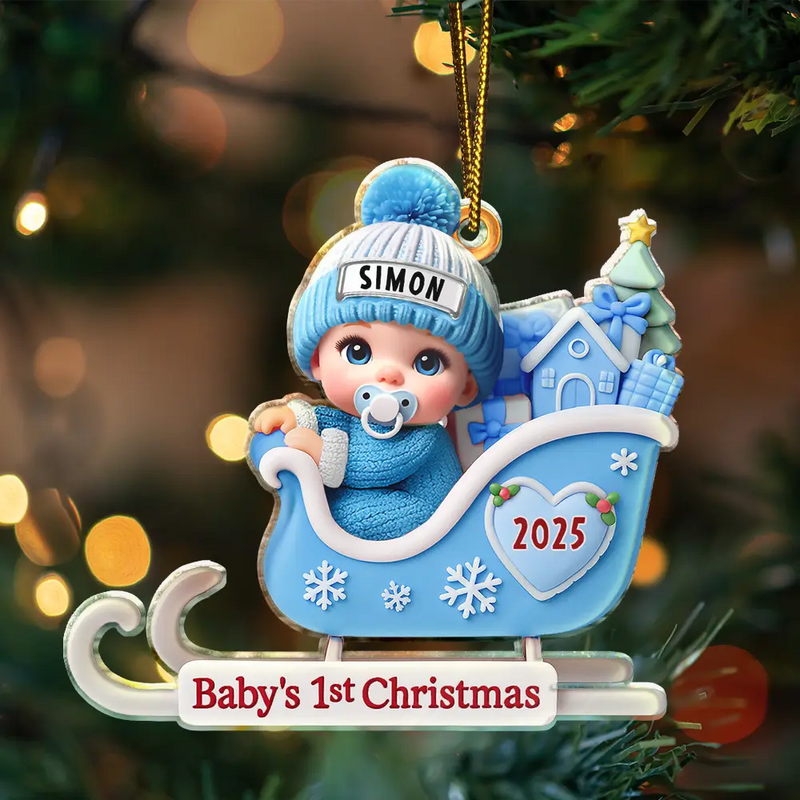 Christmas, New baby, Happy - Baby Santa In Sleigh First Christmas - Personalized Custom Shaped Acrylic Ornament