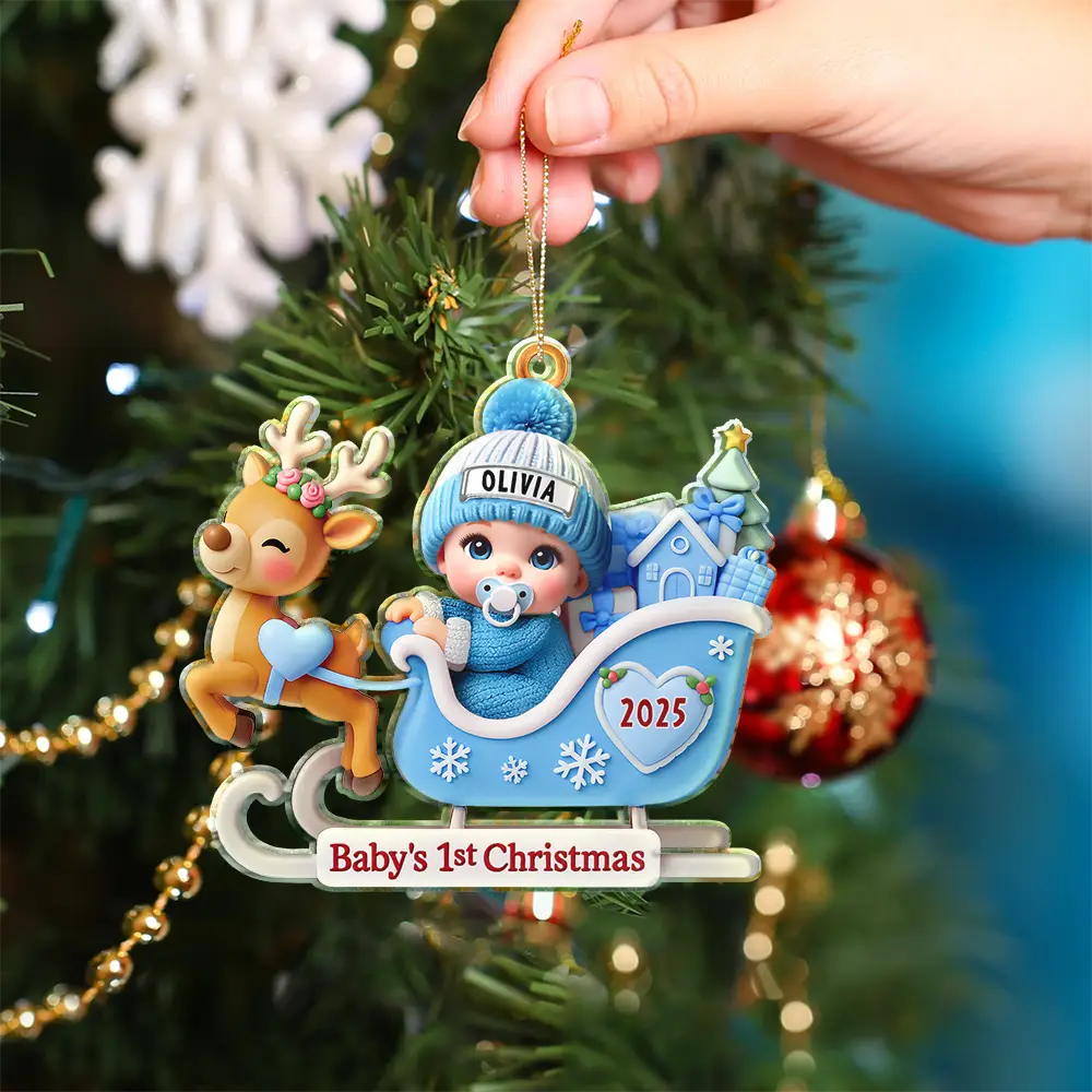 Christmas, New baby, Happy - Baby Santa In Sleigh First Christmas - Personalized Custom Shaped Acrylic Ornament