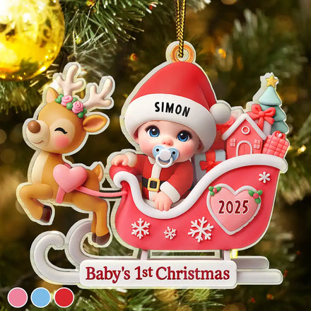 Bébé Père Noël en traîneau - Premier Noël - Décoration acrylique personnalisée 