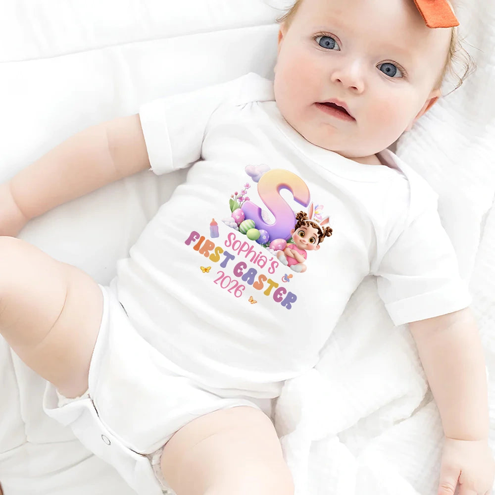Easter,Gift For Kids,Grandma,Grandkids,Gift For Grandkids,Grandpa,Dad,Children,Mom,Happy - Baby Sitting With Easter Alphabet Letters - Personalized Baby Onesie