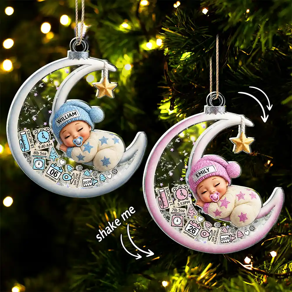 Baby Sleeping On The Moon First Christmas - Personalized 3-Layered Acrylic Shaker Ornament
