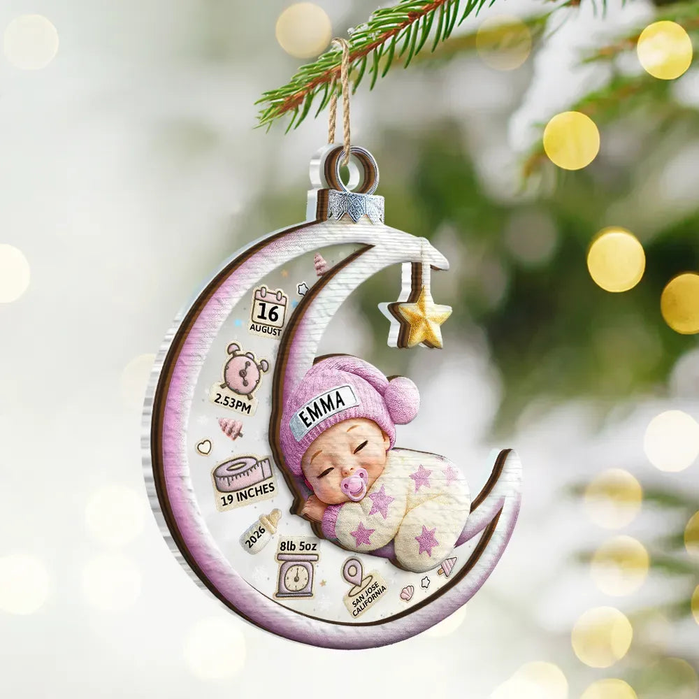 Baby Sleeping On The Moon First Christmas 3D Effect - Personalized 2-Layered Mix Ornament