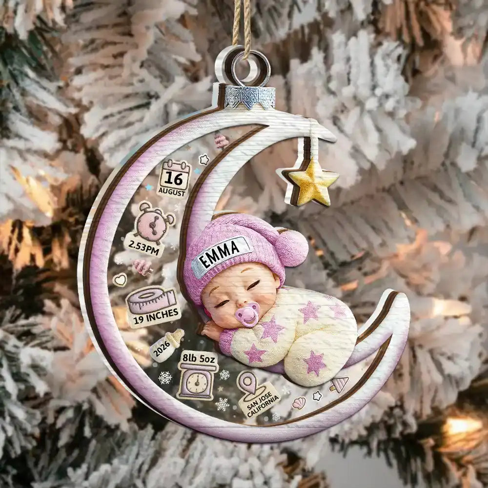 Baby Sleeping On The Moon First Christmas 3D Effect - Personalized 2-Layered Mix Ornament