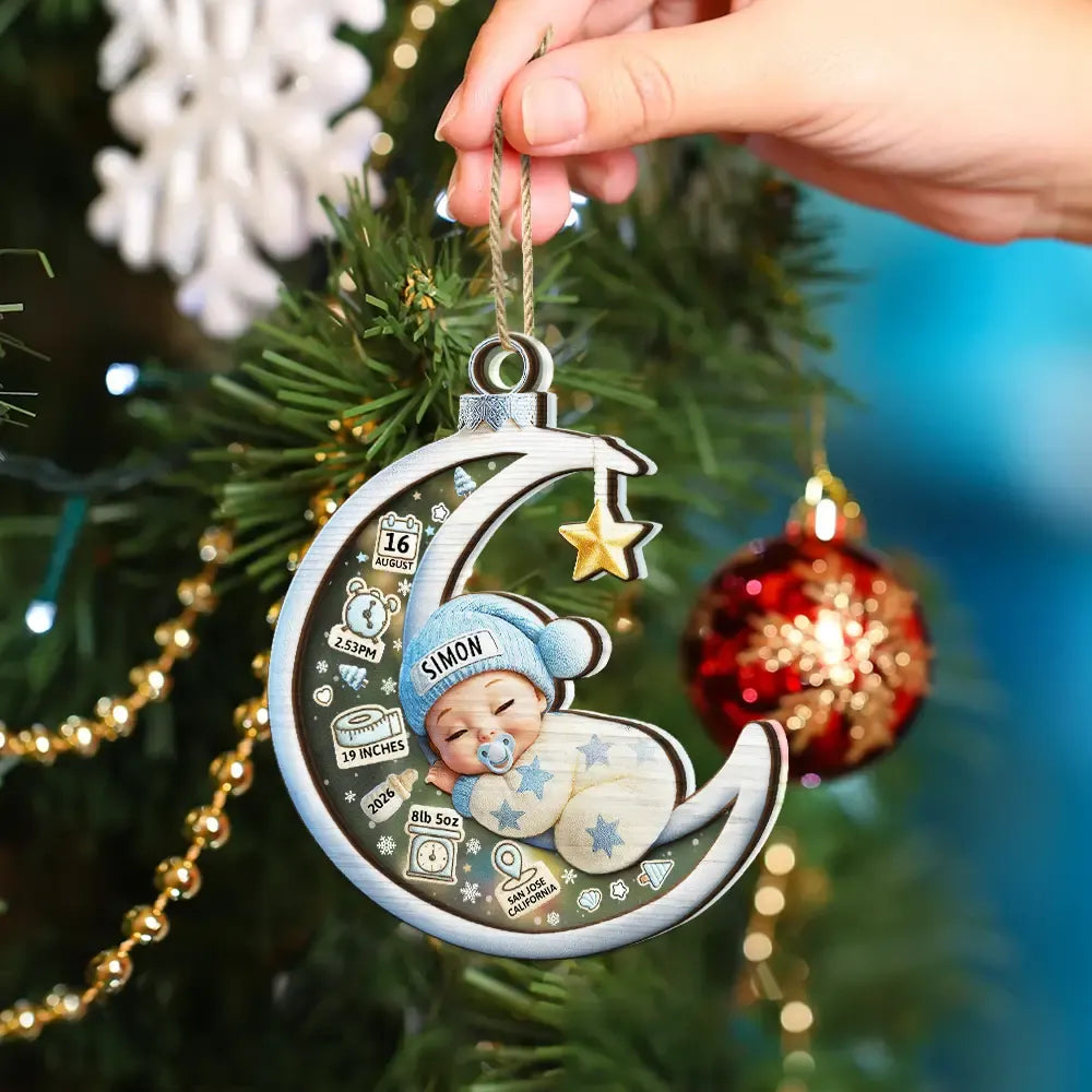 Baby Sleeping On The Moon First Christmas 3D Effect - Personalized 2-Layered Mix Ornament