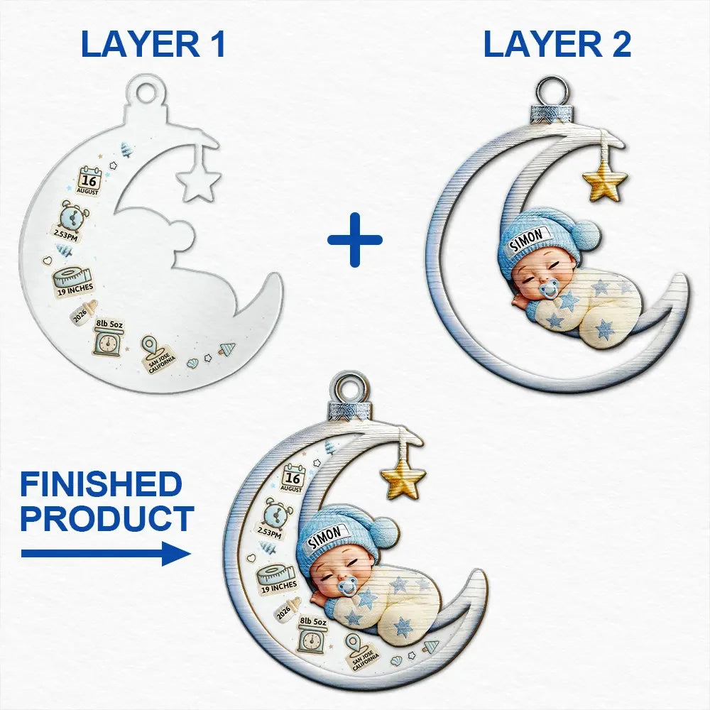 Baby Sleeping On The Moon First Christmas 3D Effect - Personalized 2-Layered Mix Ornament