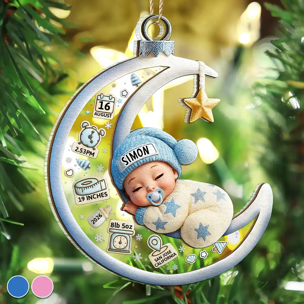 Bébé endormi sur la lune, premier Noël, effet 3D - Décoration personnalisée à 2 couches 