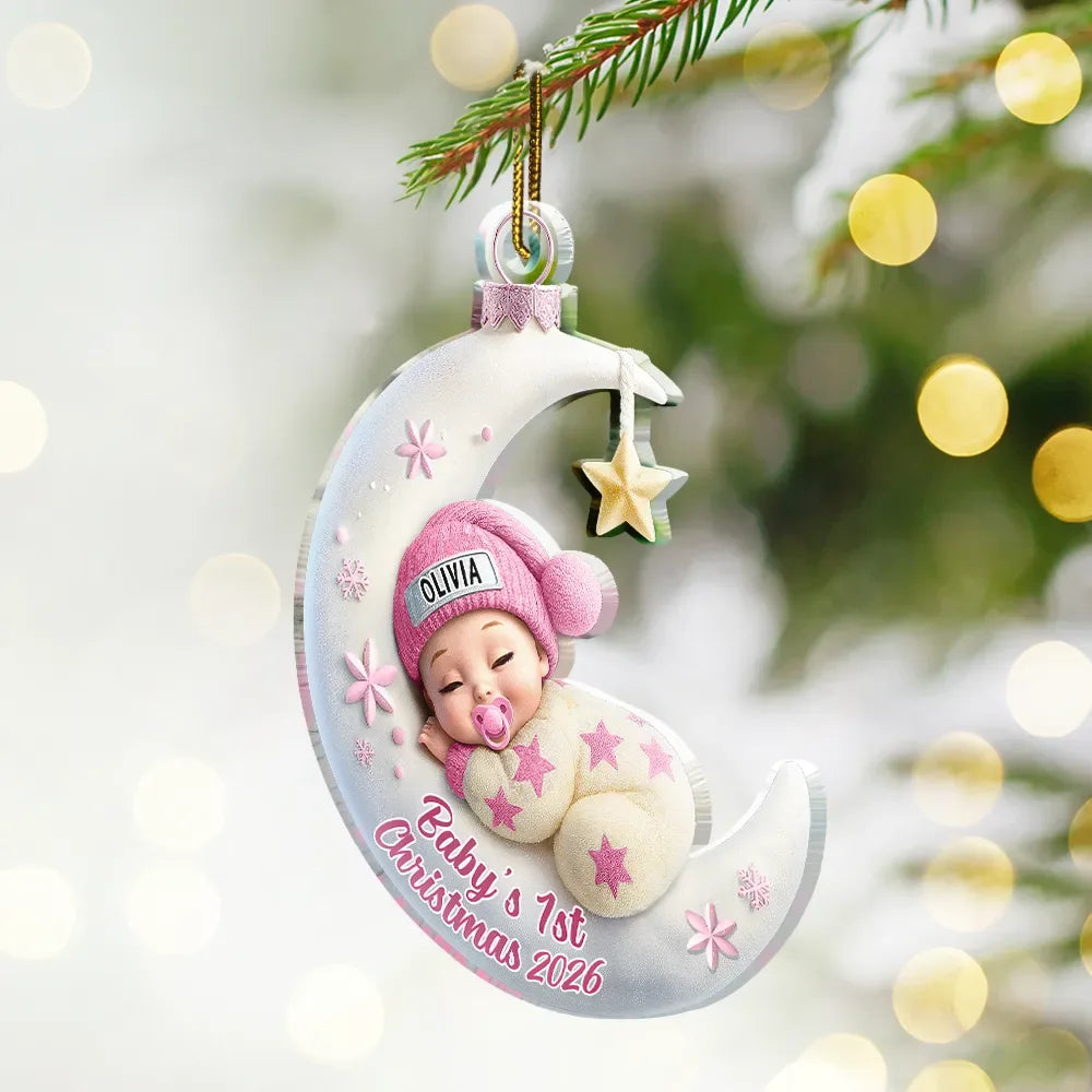 Baby Sleeping On The Moon First Christmas 3D Effect - Personalized Custom Shaped Acrylic Ornament