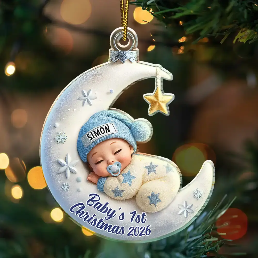 Baby Sleeping On The Moon First Christmas 3D Effect - Personalized Custom Shaped Acrylic Ornament
