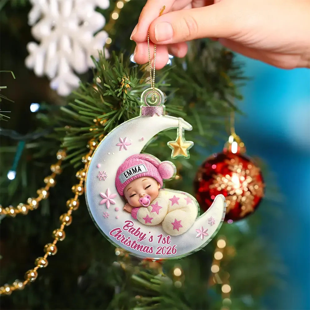 Baby Sleeping On The Moon First Christmas 3D Effect - Personalized Custom Shaped Acrylic Ornament
