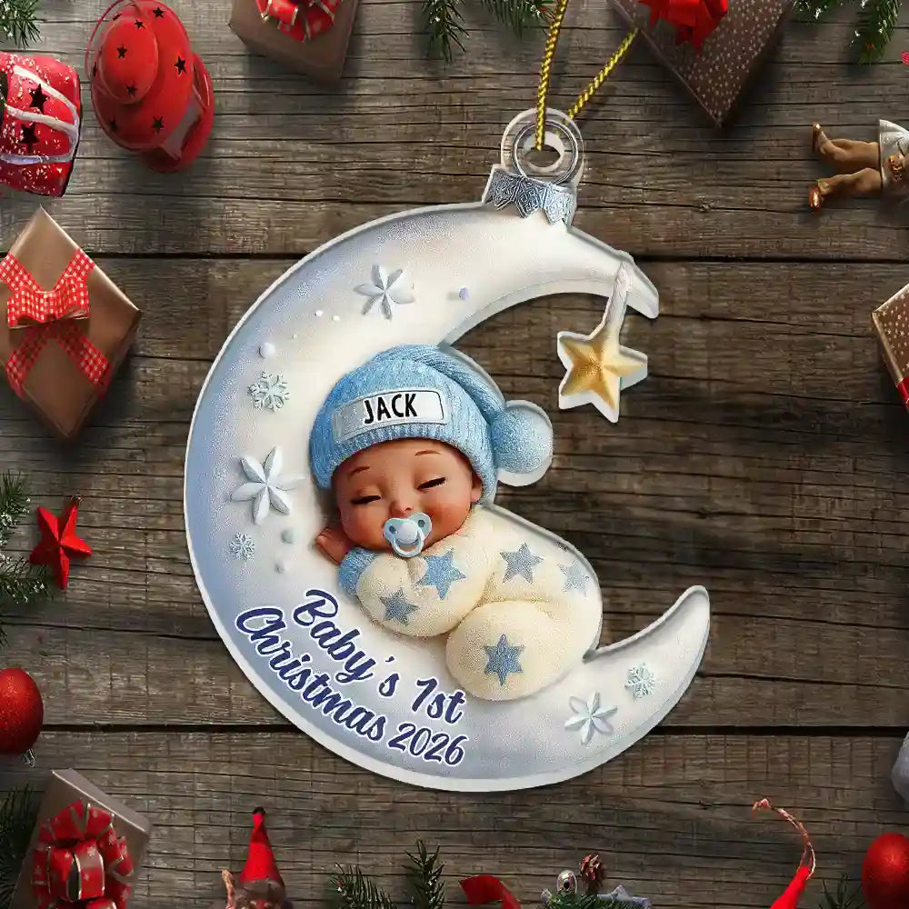 Baby Sleeping On The Moon First Christmas 3D Effect - Personalized Custom Shaped Acrylic Ornament