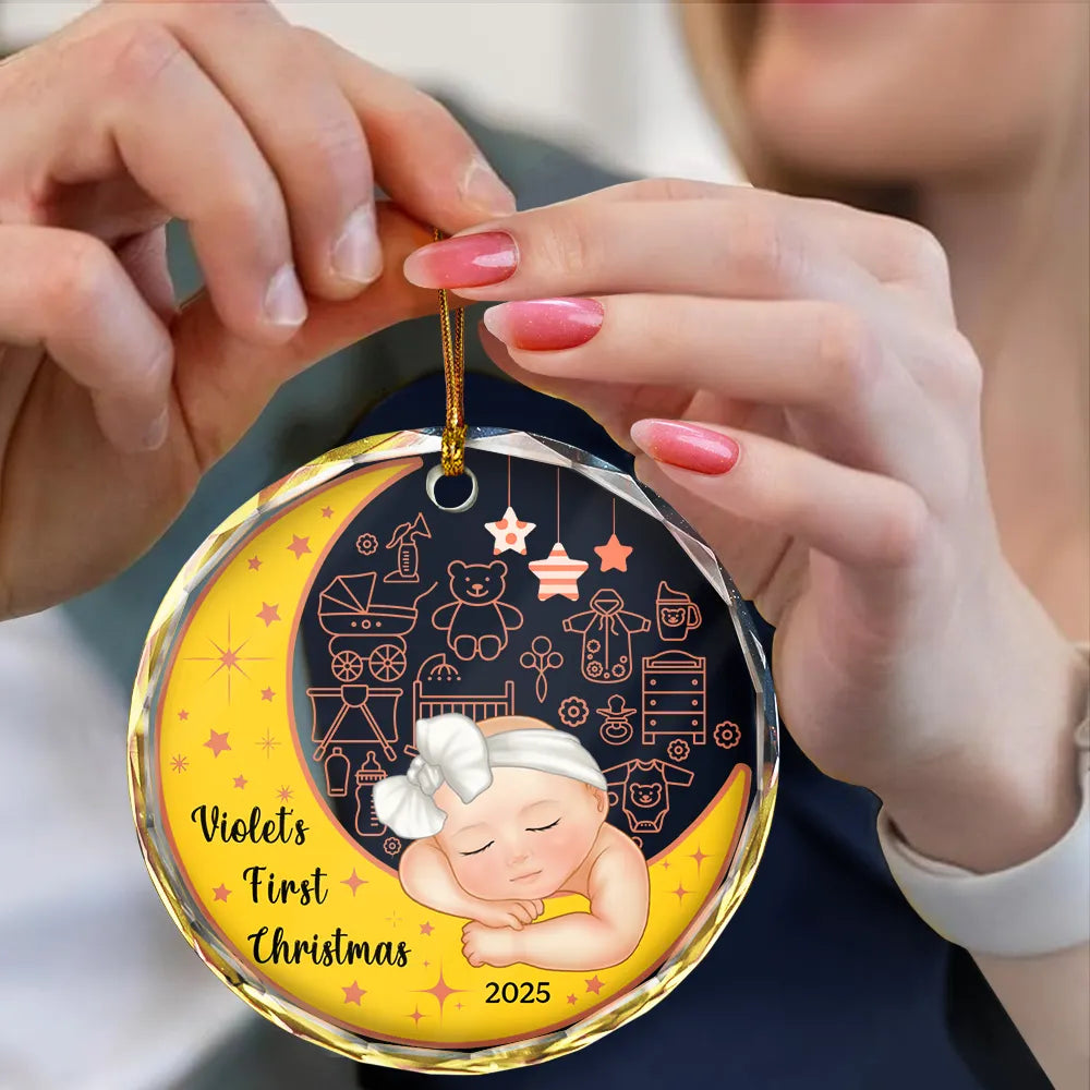 Gift For Kids, Parents, Christmas, Happy - Baby's First Christmas - Personalized Circle Glass Ornament