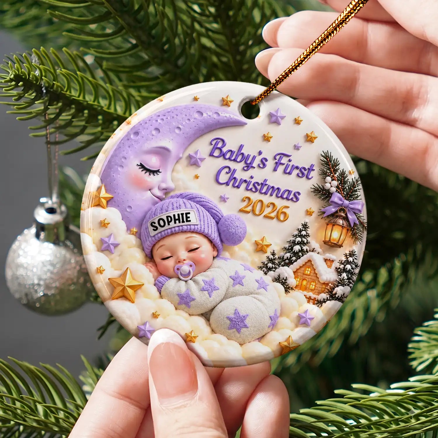 Christmas,Gift For Baby,New Baby,Sentimental,Vector - Baby's First Christmas - Personalized Sleeping Baby 3D Embossed Circle Ceramic Ornament