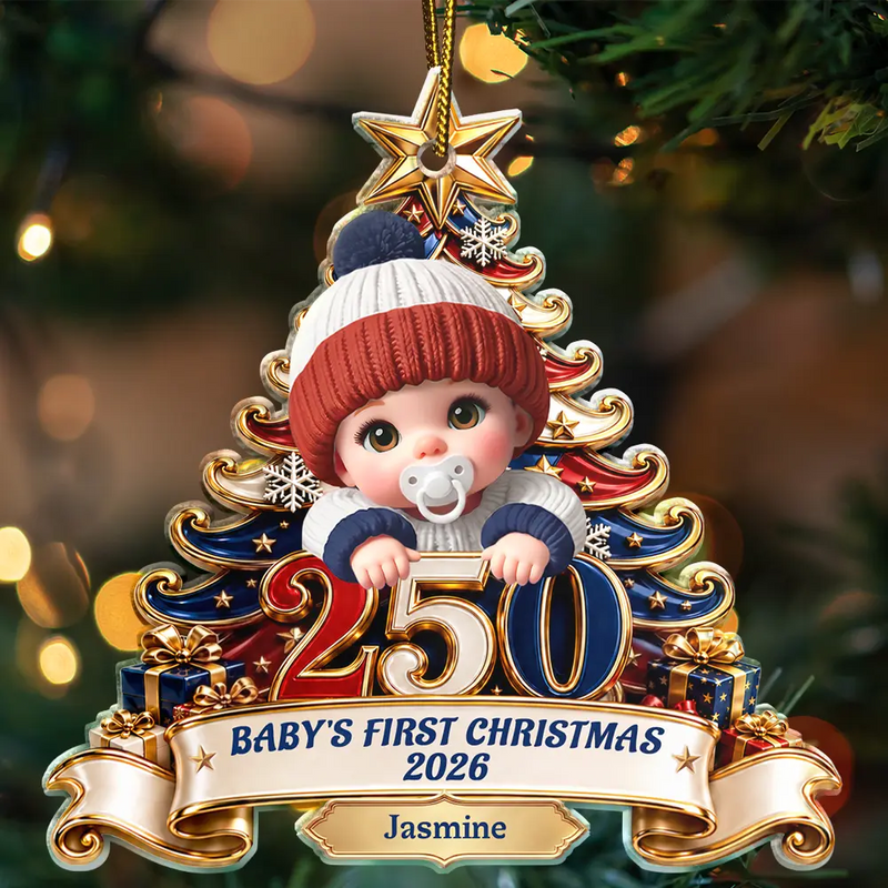 Adorable,Independence Day,Parents,America 250th,Christmas,Icon - Baby's First Christmas 250 America Anniversary - Personalized Custom Shaped Acrylic Ornament