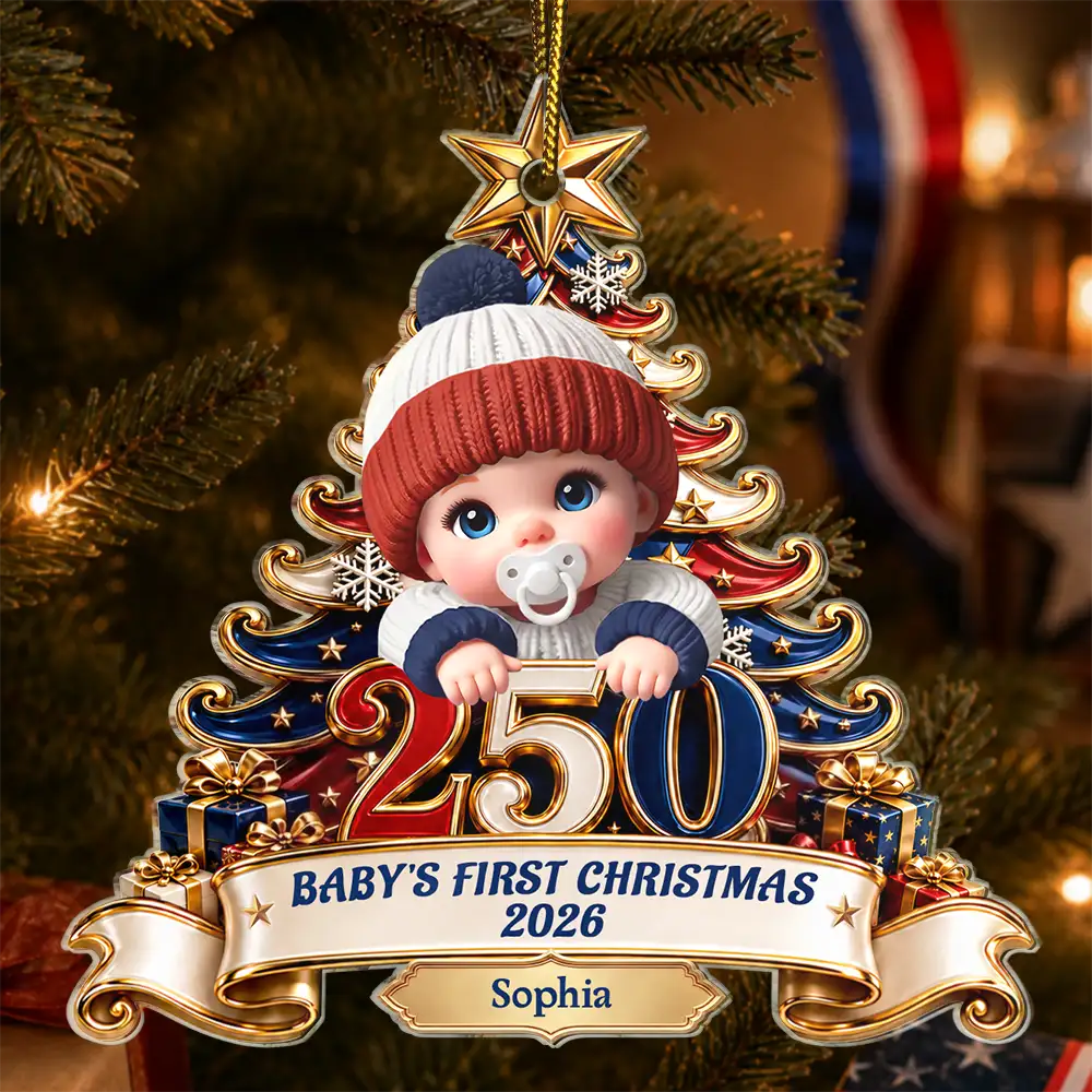 Adorable,Independence Day,Parents,America 250th,Christmas,Icon - Baby's First Christmas 250 America Anniversary - Personalized Custom Shaped Acrylic Ornament