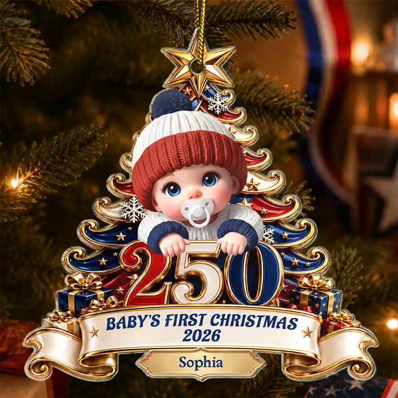 Adorable,Independence Day,Parents,America 250th,Christmas,Icon - Baby's First Christmas 250 America Anniversary - Personalized Custom Shaped Acrylic Ornament