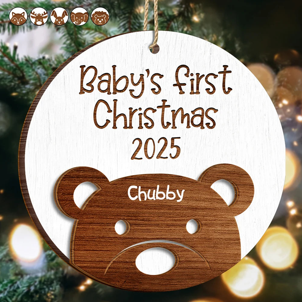 Happy, New baby, New Mom, New Dad, Christmas, Parents - Baby's First Christmas Cute Animal - Personalized 2-Layered Wooden Ornament